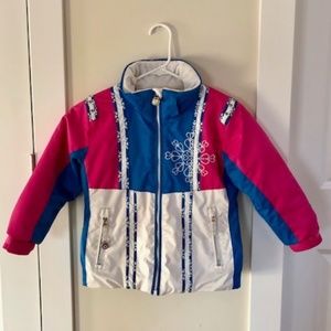 Obermeyer Kids Sunrise Ski Jacket, White, Pink, Blue, Sz 5, Gem Accents,…